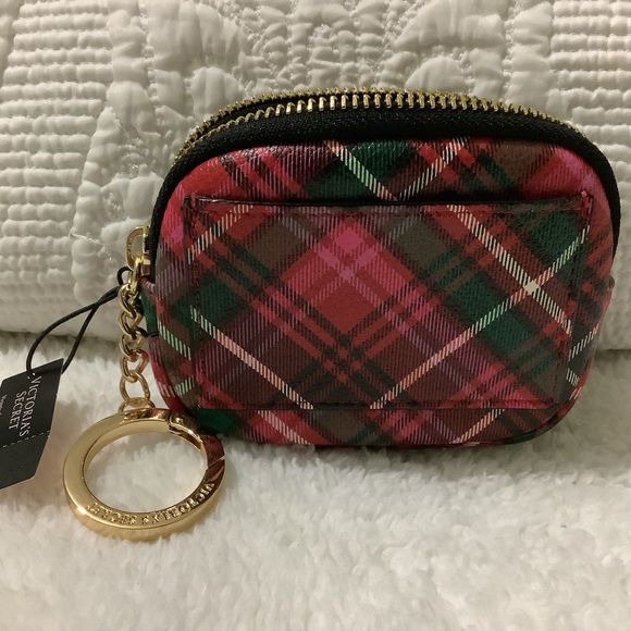 Victorias Secret Plaid Studded Key Chain Ring Essential Pouch Coin Wallet - Picture 2 of 7